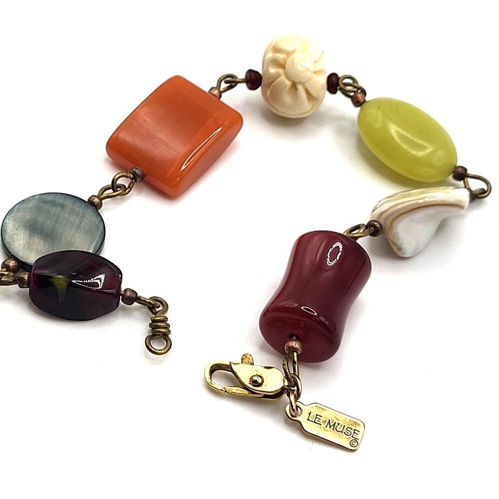 Le Muse Abalone Carved Bovine Jade Carnelian Gemstone Bracelet 8.25in